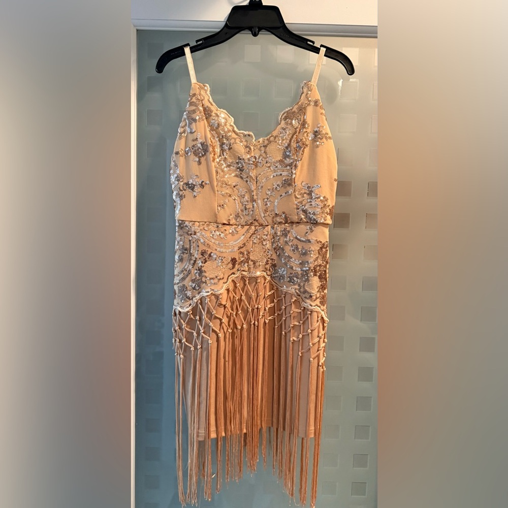 Banjul Beige and rose gold Fringe Mini Dress